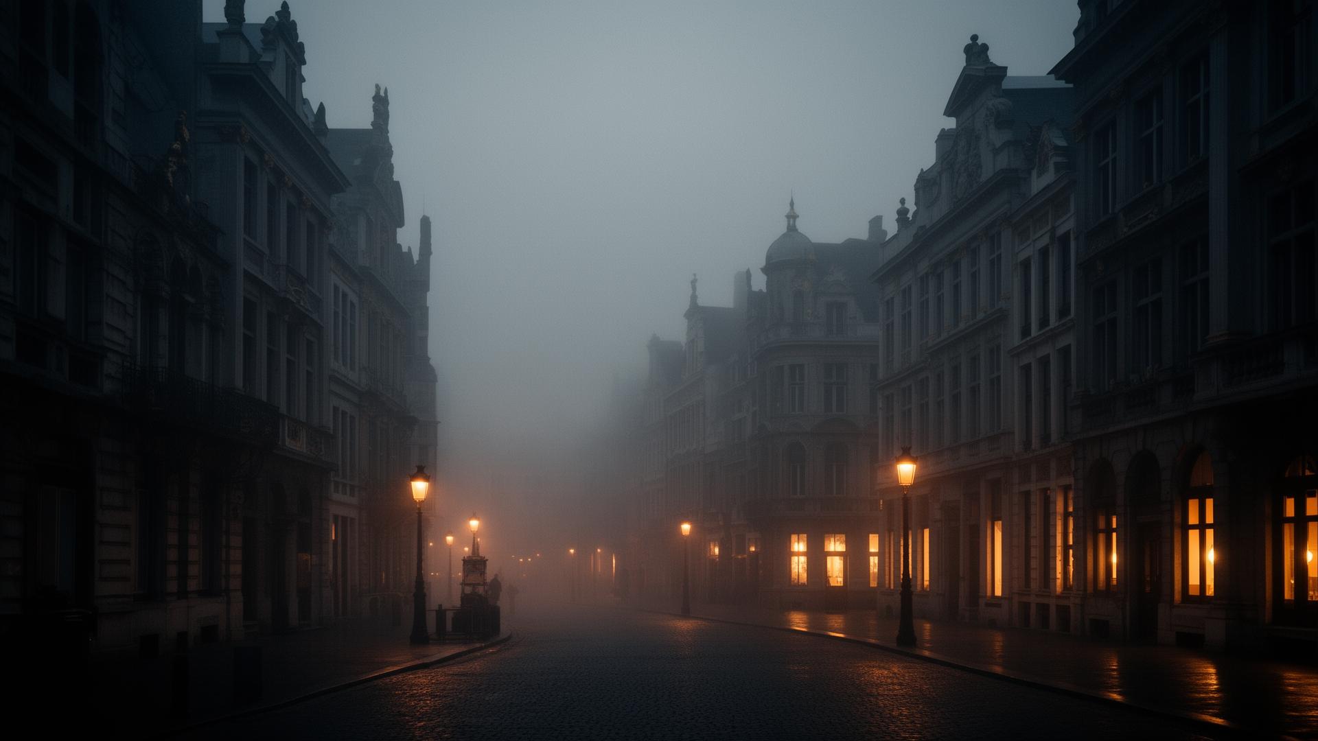 A boulevard at dusk in soft fog